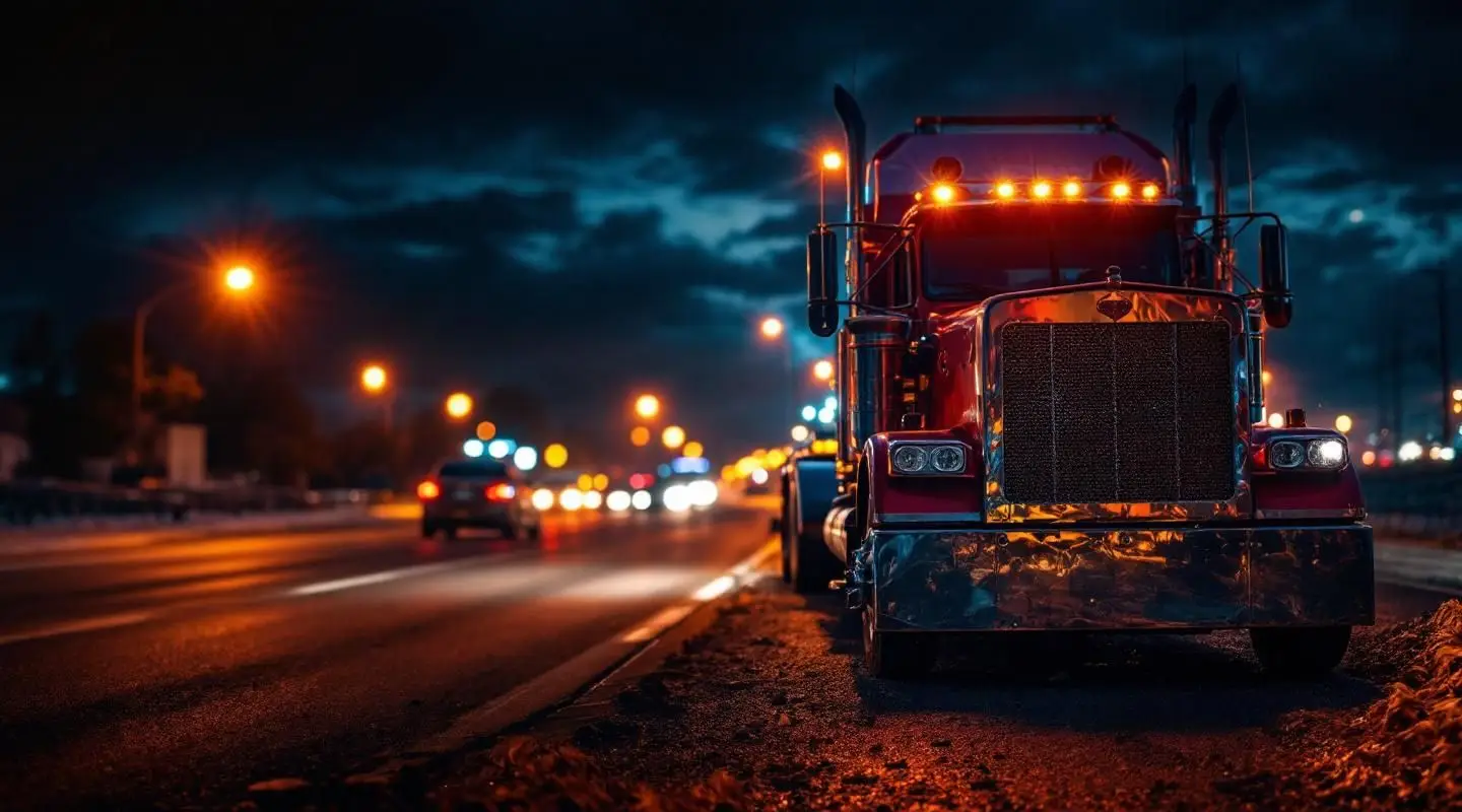 A professional flatbed tow truck loading a disabled sedan at night on a Jacksonville highway shoulder, amber lights flashing.