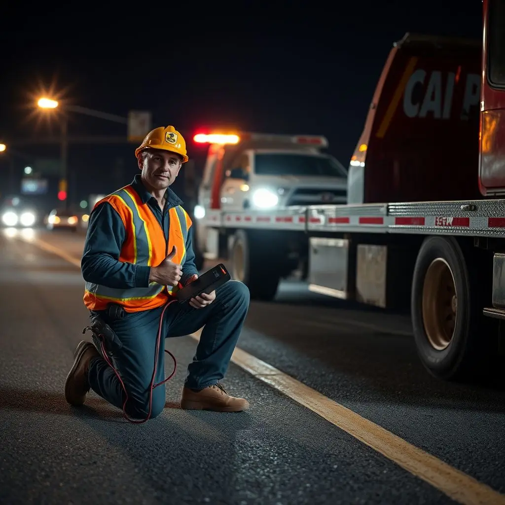A professional tow truck operator using soft straps to secure a vehicle on a flatbed in Atlantic Beach, FL.