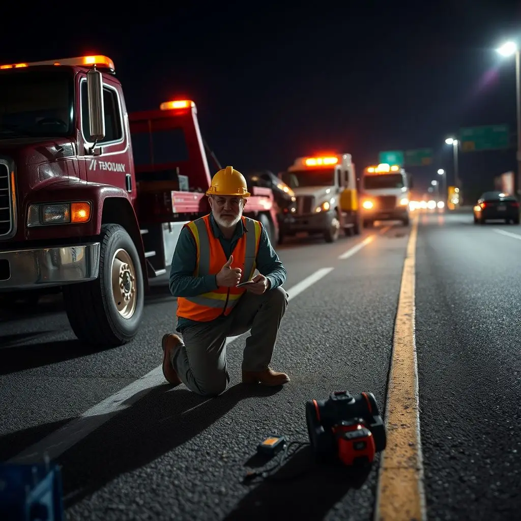 A clean, modern flatbed tow truck parked on a safe shoulder in Jacksonville, with safety lights flashing.