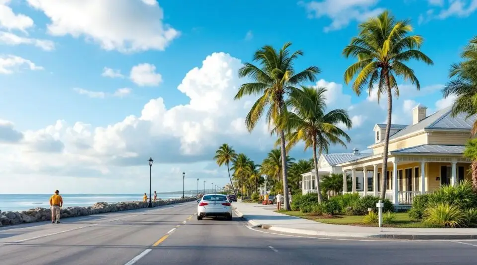 A flatbed tow truck parked safely along the A1A corridor in Atlantic Beach, FL, with ocean breeze moving palm trees at dusk.