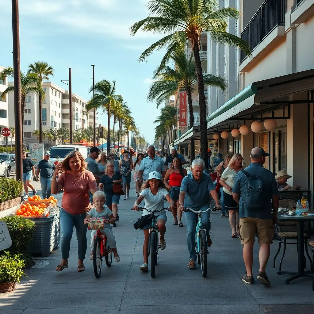 A scenic view of the historic Beaches Town Center in Atlantic Beach, FL, showing palm trees and local storefronts at sunset.