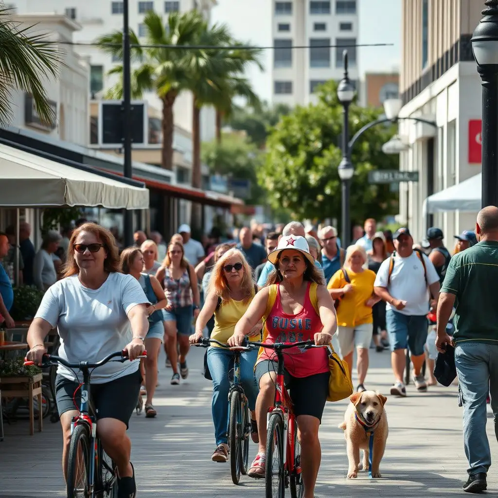 A scenic view of the brick-paved streets and coastal storefronts near the Beaches Town Center in Neptune Beach, FL.