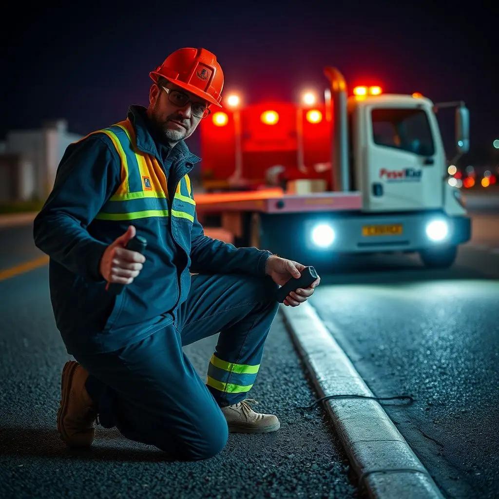 A professional tow truck operator securing a vehicle on a flatbed safely along a Jacksonville Beach street.